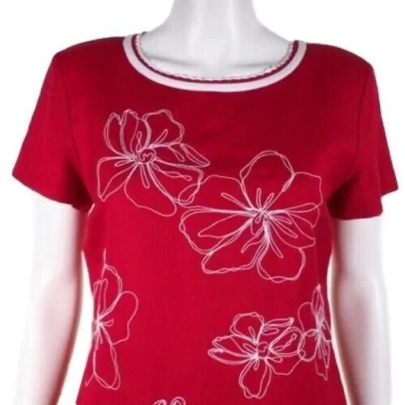 Talbots Dress Womens Size 4 Linen Blend Asian Floral Short Sleeve Lined Red Whit - Picture 1 of 11